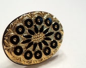 Gold and black vintage cameo glass flower sunflower statement cocktail ring set in brass on adjustable ring band