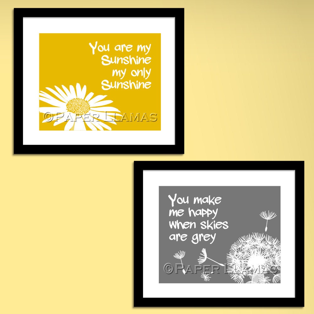 You are my sunshine print set, yellow and grey, custom colors, two art prints, size 8 x 10 kids word art