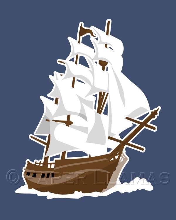 The Buccaneer - Nautical art sail boat art print - custom colors- pirate ship, baby boy nursery wall art ocean beach yacht ship chevron