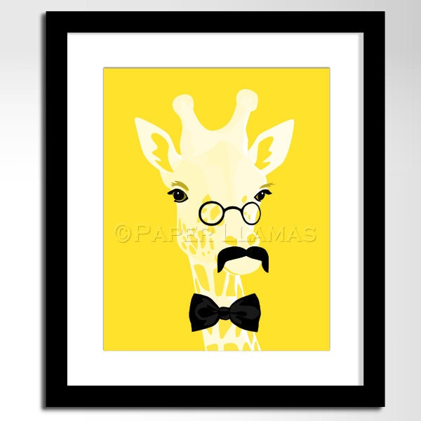 Giraffe art jungle safari animal art print, custom colors, size 8 x 10 kids childrens art animals with mustaches giraffe wall art