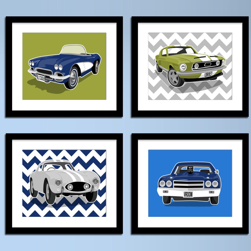 Childrens art - 1956 Ferrari - wall art - Vintage sports car - boys art prints - nursery art - pick your colors yellow and grey