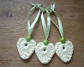 Crochet ornament cream heart with sage ribbon and glass bead set of 3