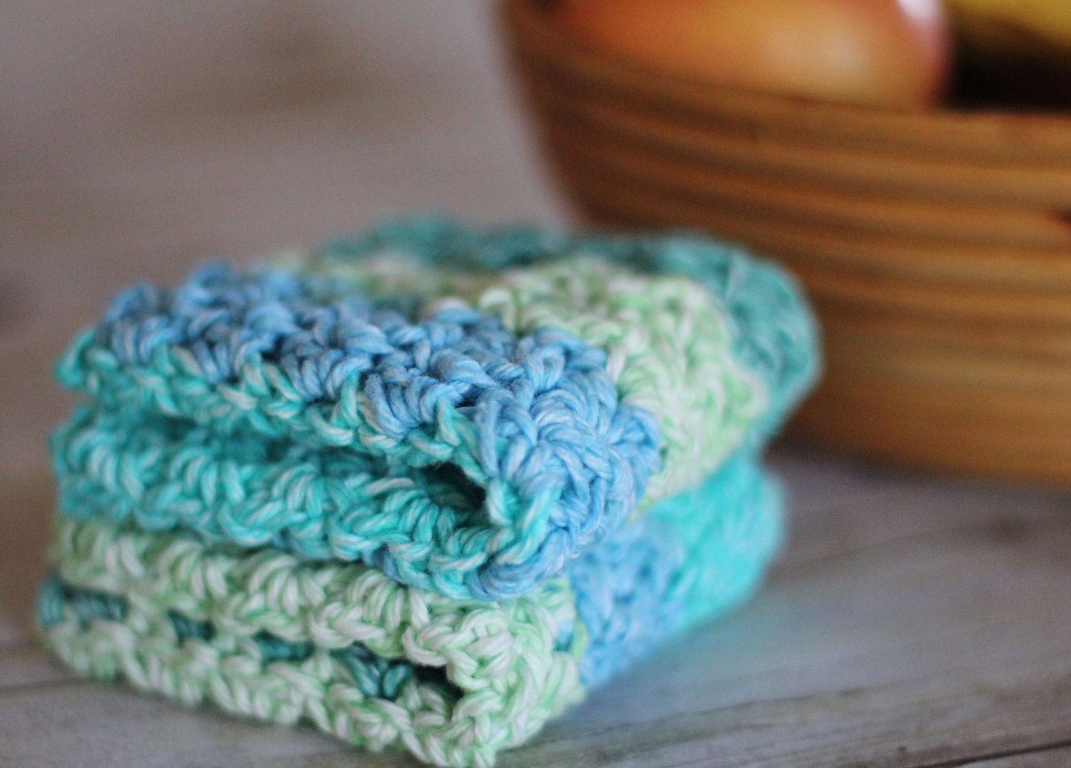 Spa Wash Cloths Two Crocheted in Blue and Green Cotton