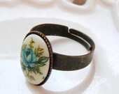 Floral Whimsy - Oval Vintage Blue Floral Cabochon on Antiqued Brass Adjustable Ring