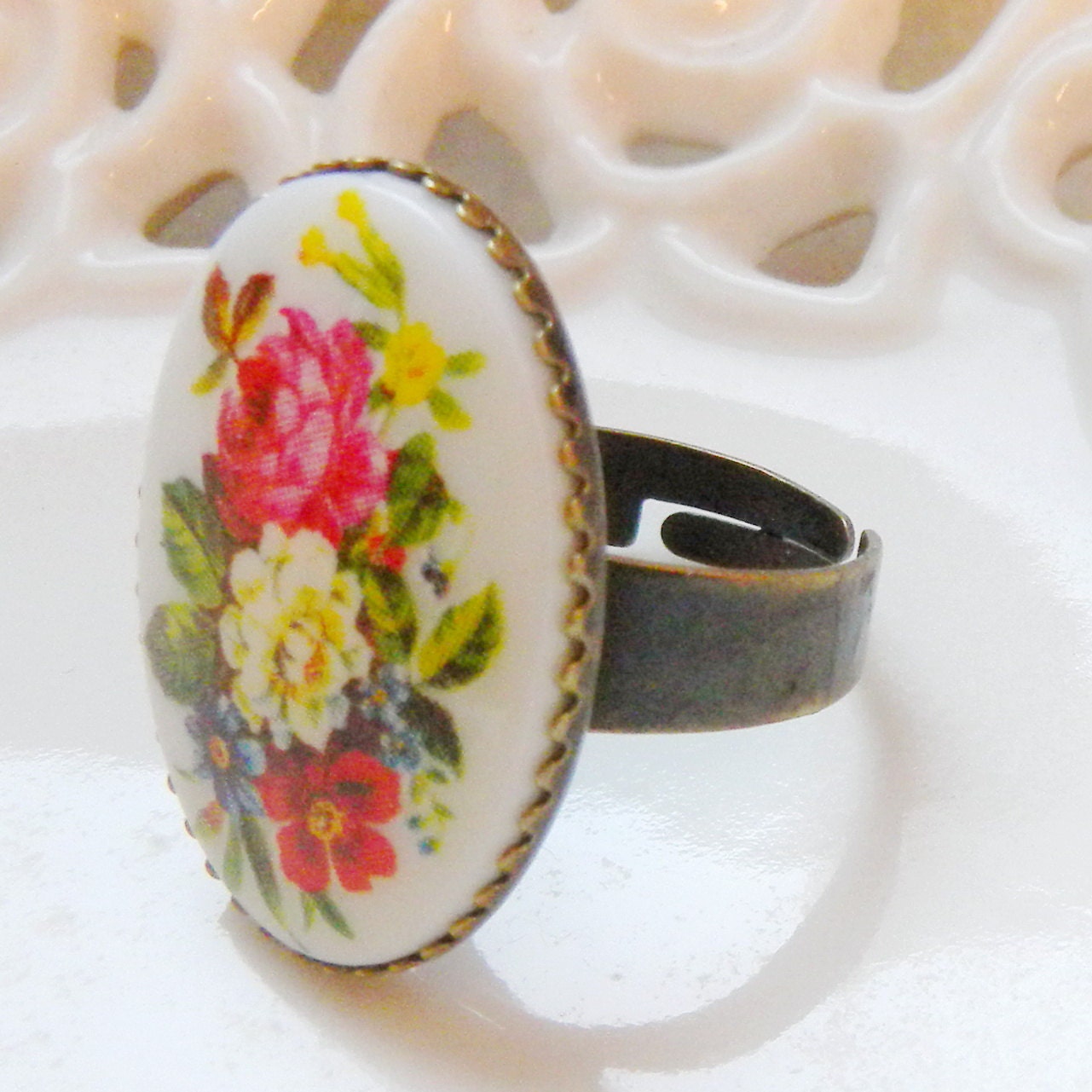 Floral Whimsy - Huge Oval Vintage Red Pink and Cream Floral Cabochon on Antiqued Brass Adjustable Ring