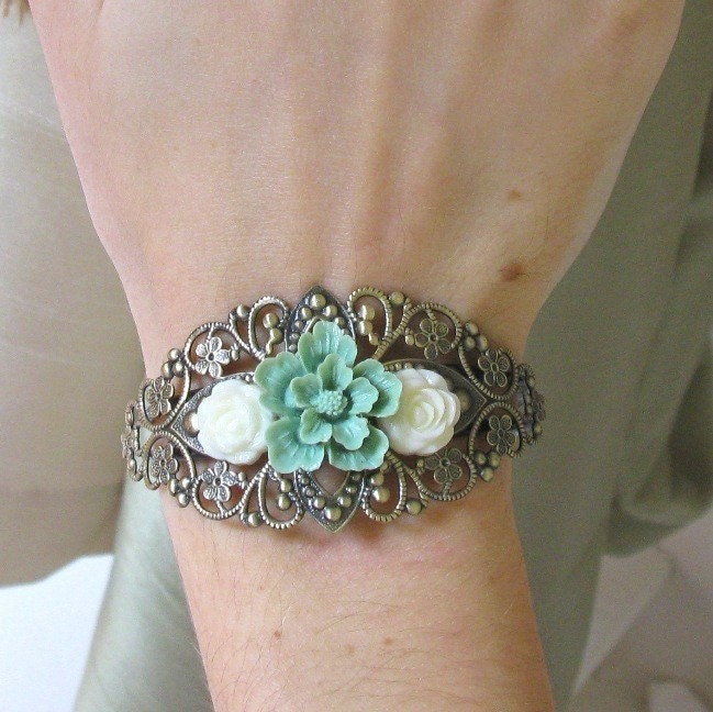 Garden Cuff - Powder Green Sakura and Small Cream Roses on Antiqued Brass Filigree Cuff Bracelet - As Seen in GET MARRIED Magazine