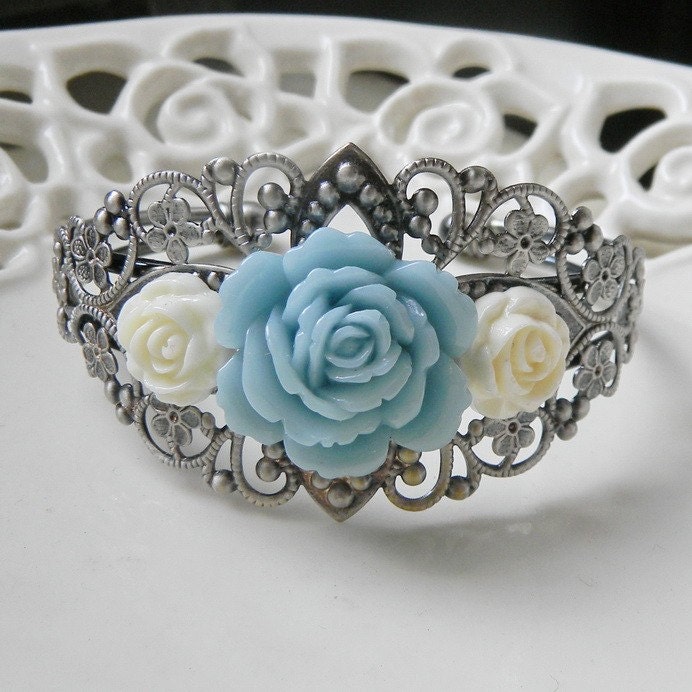Garden Cuff - Light Blue Large Rose and Small Cream Roses on Antiqued Silver Filigree Cuff Bracelet