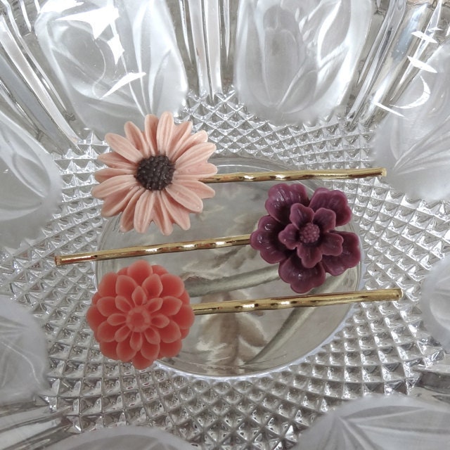 Romance Bobby Pins Set - Three Pieces Gold Plated Bobby Pins with Pink Daisy, Purple Sakura and Coral Chrysanthemum Floral Cabochons