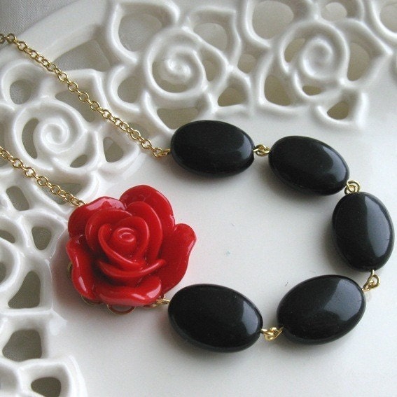 By Any Other Name - Big Red Rose and Black Glass Oval Beads on Gold Chain Necklace