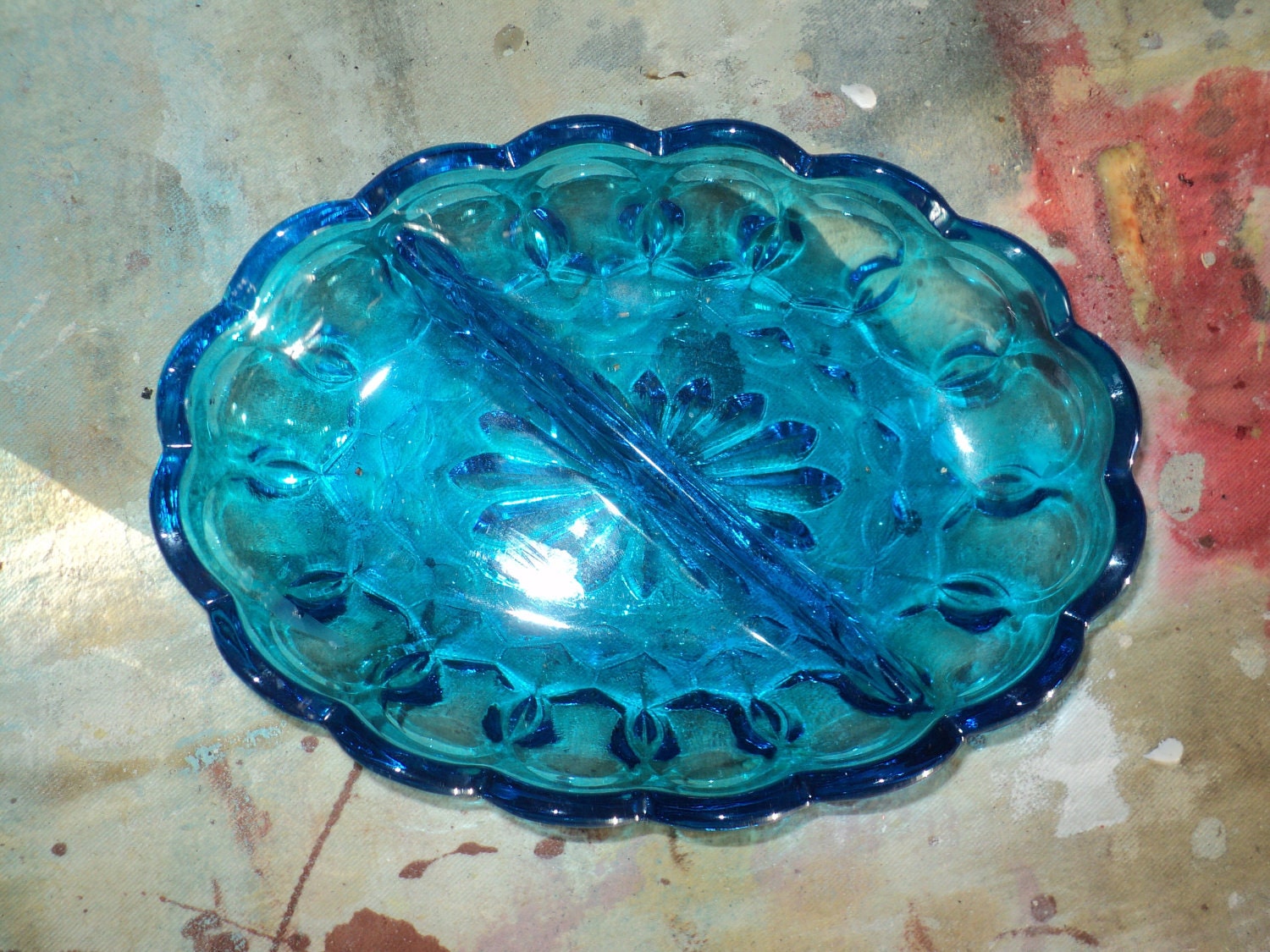 AQUA COLORED GLASS Relish Dish