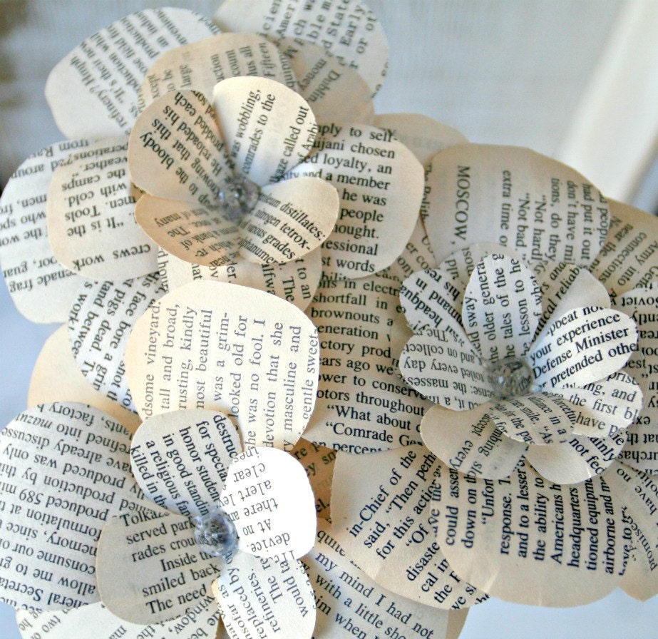 Set of 3 Paper Flowers Upcycled From Rustic Vintage Book - Wedding Decoration, Bridal Decor, Centerpieces, Favors