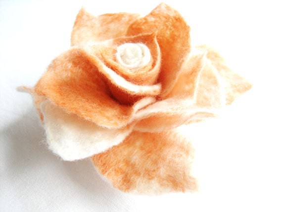 Rose Felted Flower Brooch Corsage Coral and White gift for her under 25
