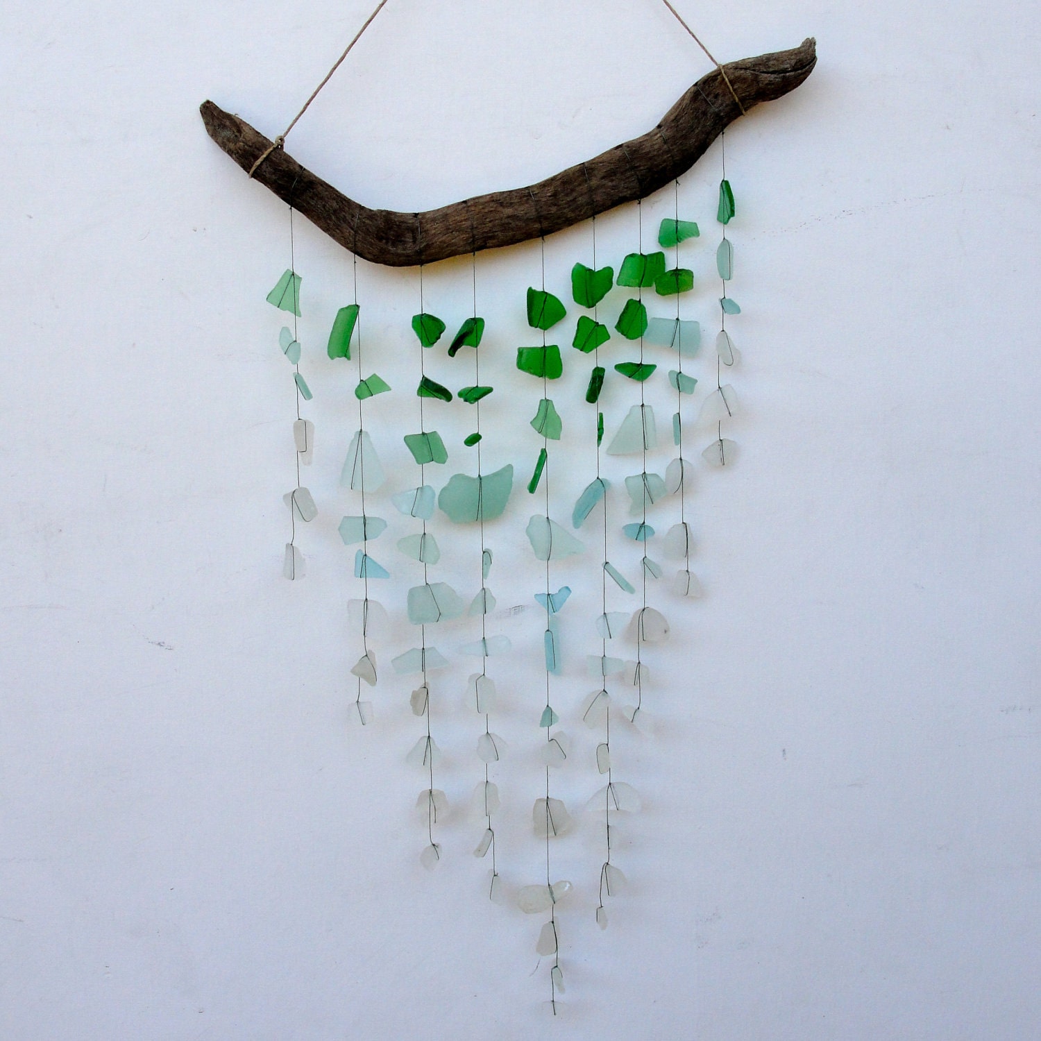Sea Glass & Driftwood Mobile / Suncatcher - Green, Aquamarine and Clear Ombre