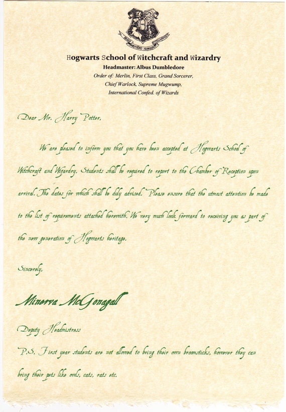 Deluxe Harry Potter Acceptance letter to Hogwarts with Hanging delivery owl. Includes a Personal note from Dumbledore.
