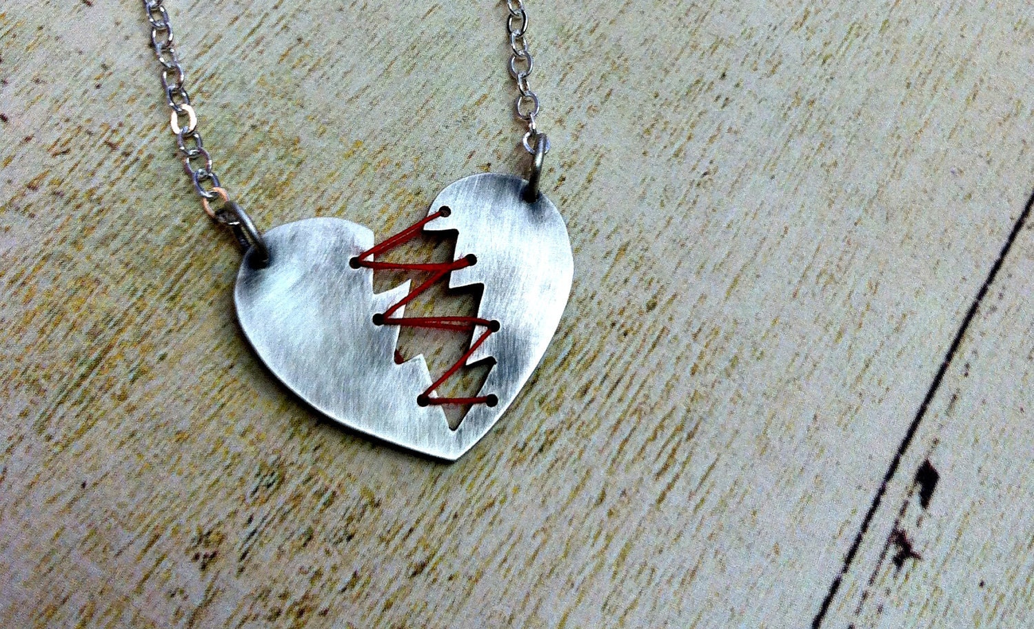 Mended Heart necklace. Sterling Silver and Thread. Heartbreaker Necklace. Broken Heart. Stitched Heart. Anti Valentine