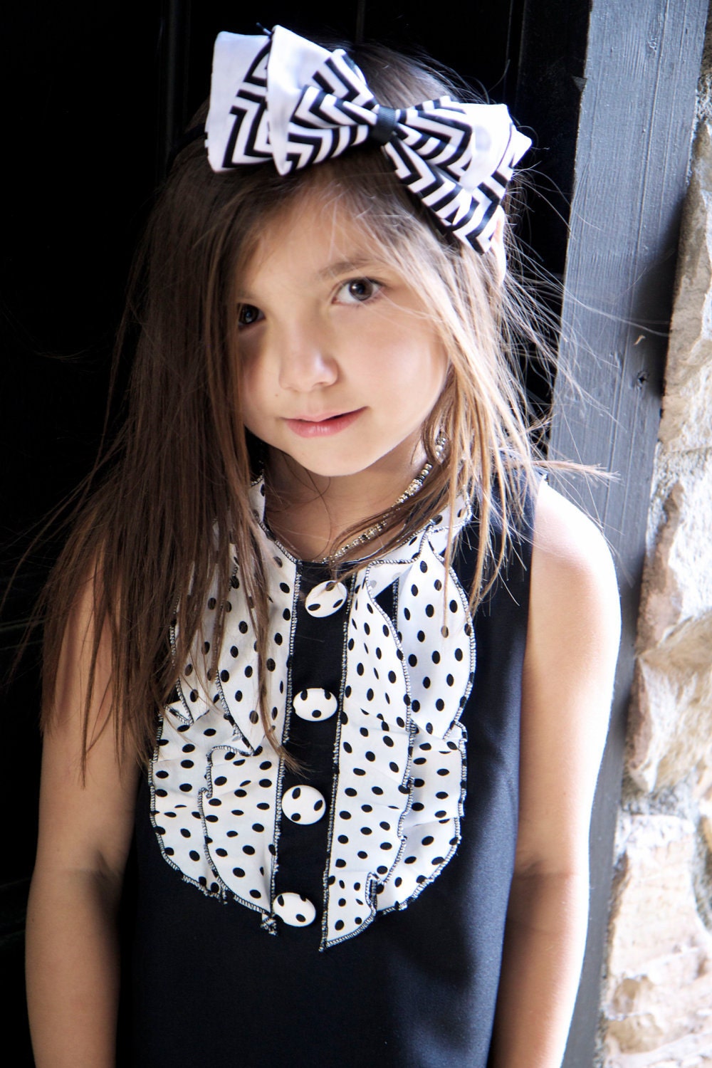 Black and White Polka Dot Ruffled Front Dress w/ Fabric Covered Buttons