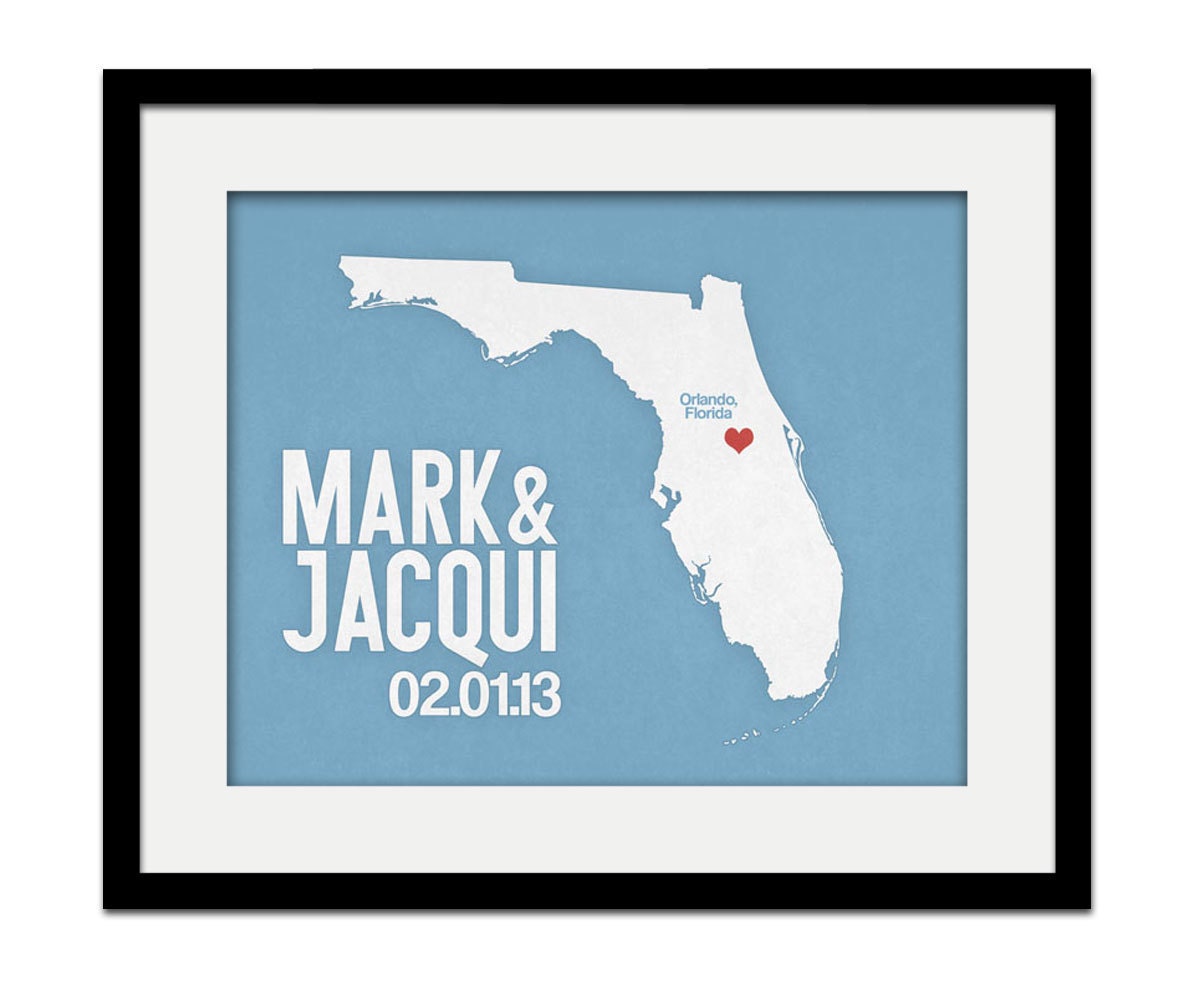 Florida Wedding Gift - Personalized State and Heart - Anniversary - Custom Wedding Date - Location City and State Modern Art Print - 8x10