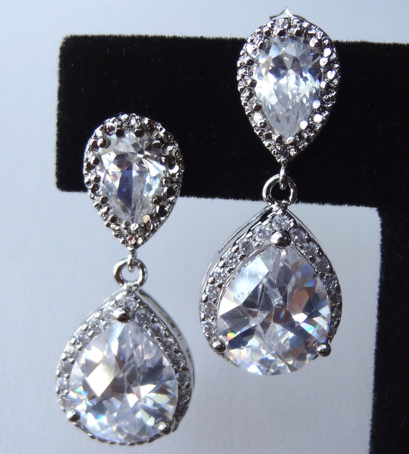 Cubic Zirconia Drop Post Stud  Dangle Earrings, Wedding Bride Bridal Earrings, Bridesmaids Earrings