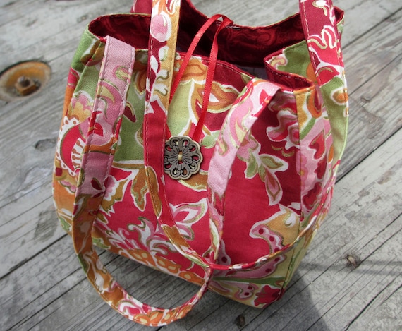 Small Fantasy Multi-Colored Asian Flower Motif Artist Print "Noriko" Handbag, Evening Purse With Ribbon Tassle