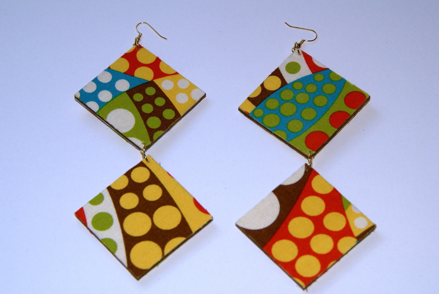 Long Dangle Fabric Covered Wood Earrings
