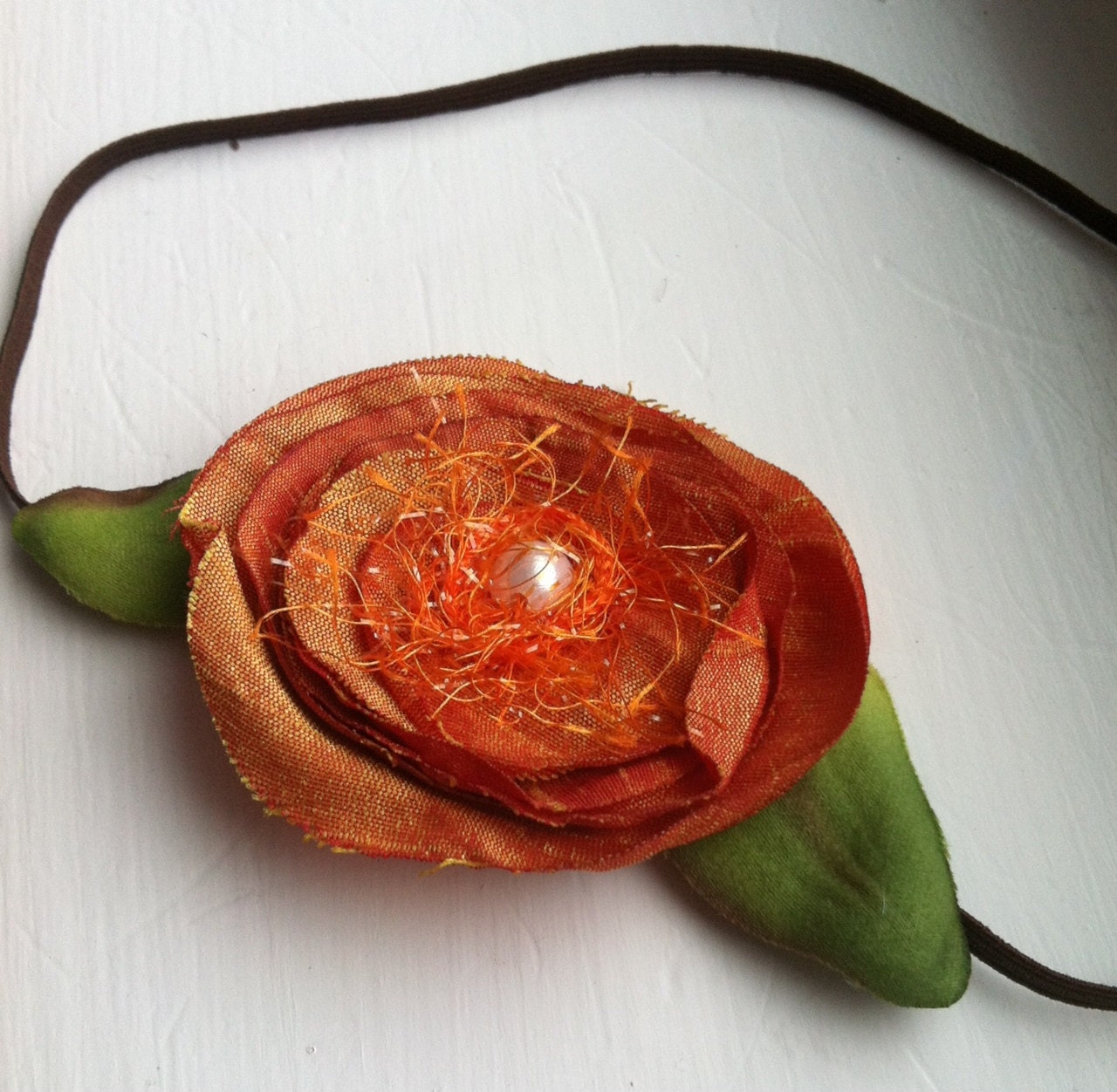 orange layered fabric flower baby headband with pearl and confetti center, skinny/thick elastic, ANY SIZE baby toddler