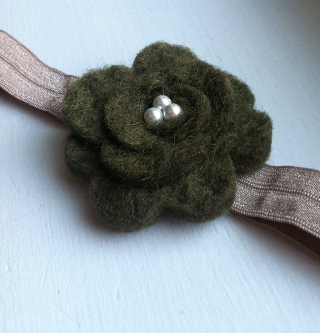 hand sewn olive green felted wool flower with pearl center baby girl headband, ANY SIZE, photo prop newborn to toddler