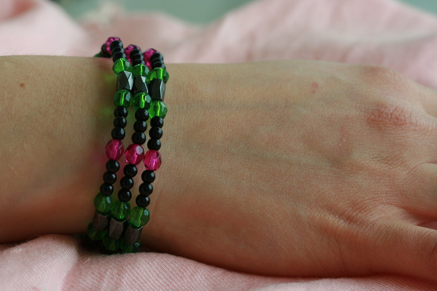 Black, pink and green magnetic hematite necklace or bracelet