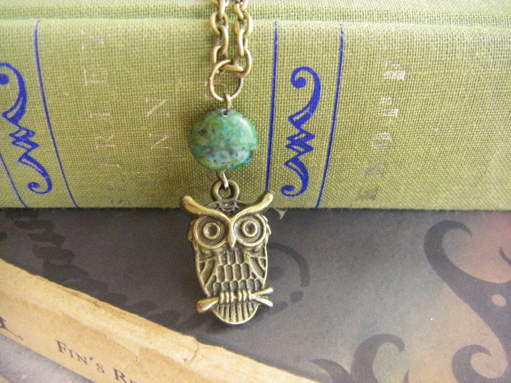 Little Owl Necklace Green Jasper Bead Brass Owl Necklace on Brass Chain Forest Nature