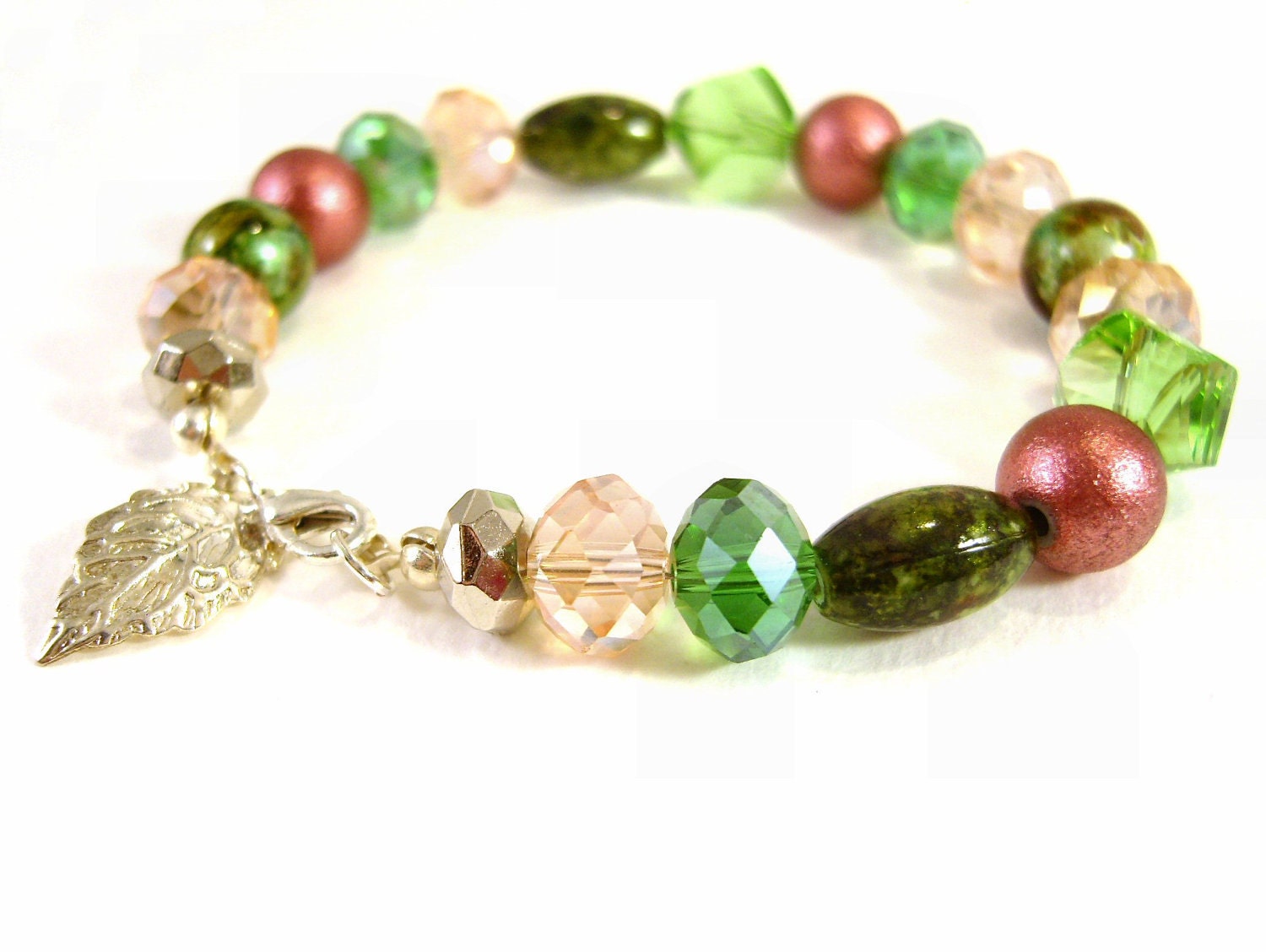 Glass Bead Bracelet, Green and Pink, Bridesmaid Jewelry, Spring Wedding UK