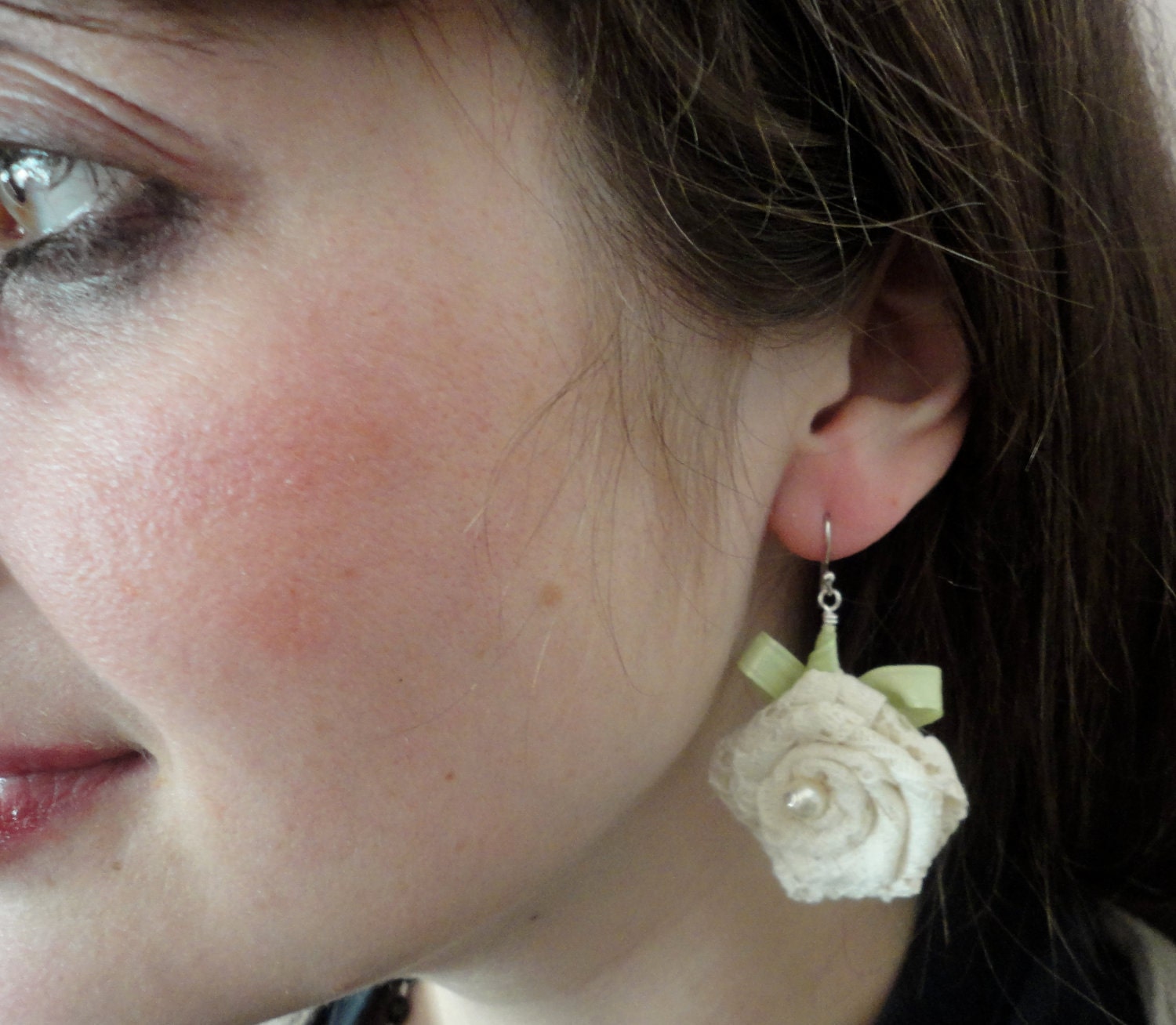Lace Dangle Earrings, Cream Shabby Chic Roses