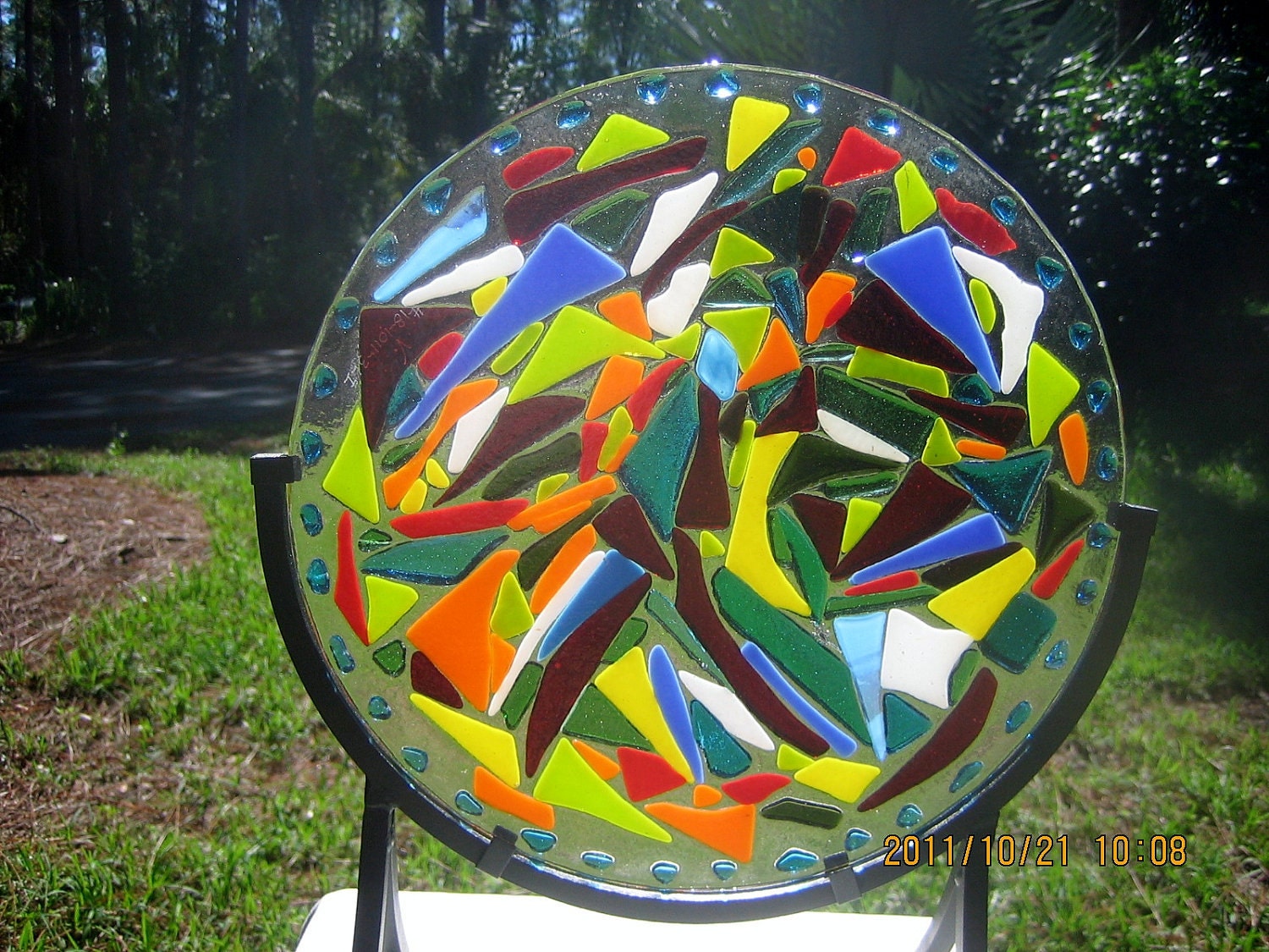 FANTASY FEST Artist direct fused stained glass sculpture of multi colors swirling and dancing around Key West beach party style