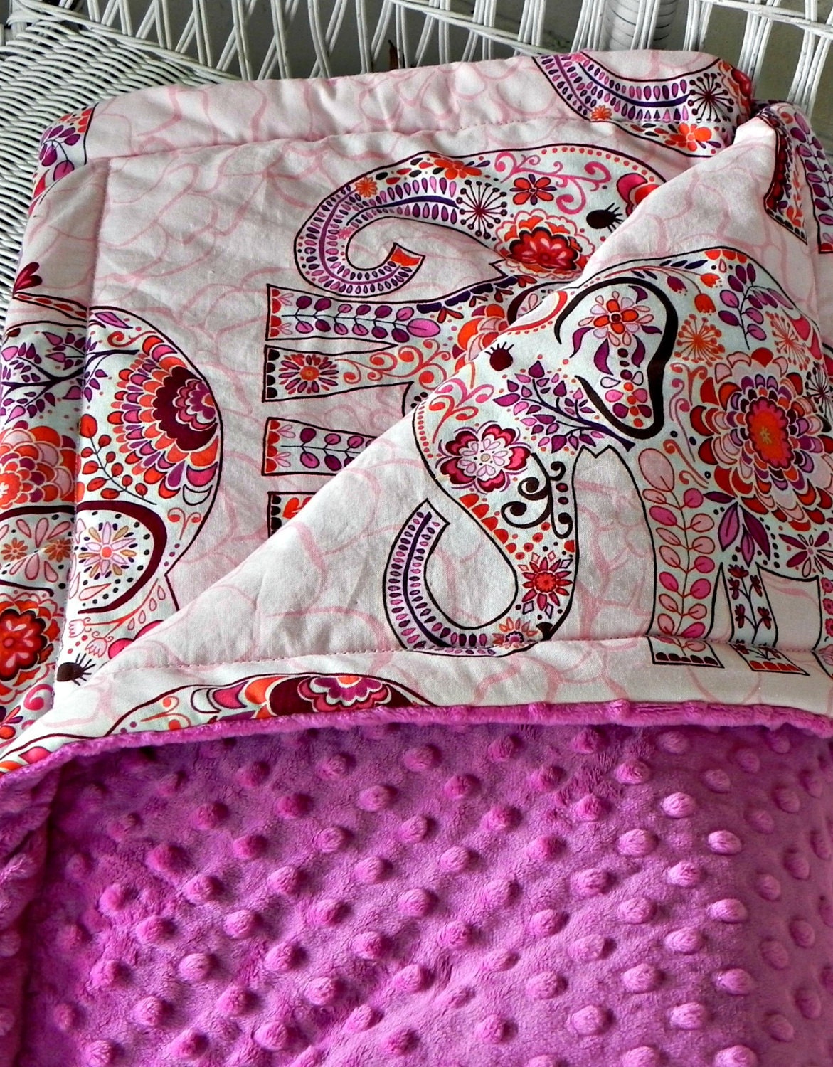 Elephant Toddler Minky Blanket - Blush Pink Fabric with Large, Colorful Elephants and Raspberry Minky - Ships in 3-4 weeks