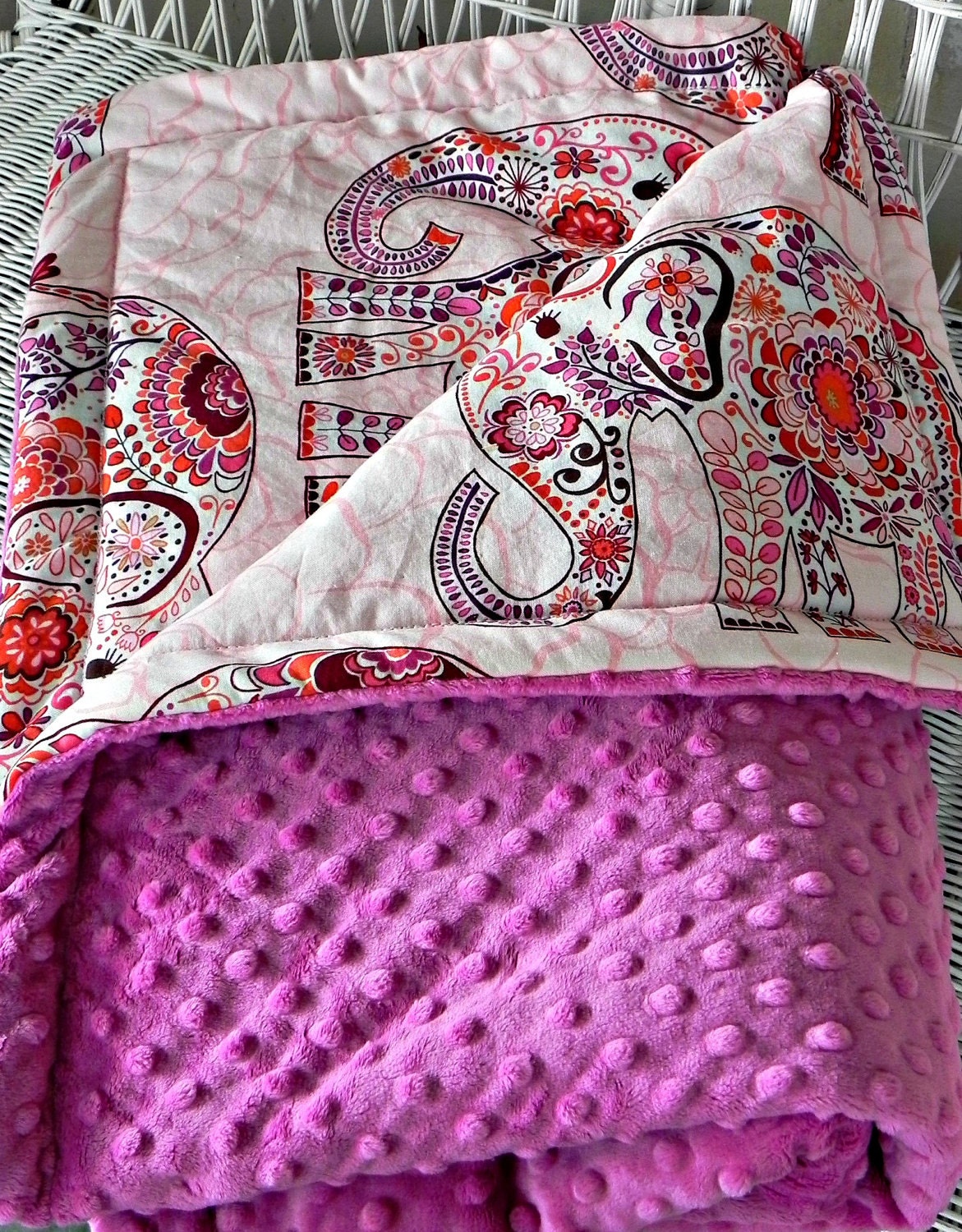 Elephant Toddler Minky Blanket - Blush Pink Fabric with Large, Colorful Elephants and Raspberry Minky - Ships in 3-4 weeks
