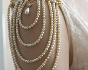 Shoulder Epaulettes Bridal Jewelry Accessories Ivory Pearls And Rhinestones, 1920 Inspiration Shoulders Necklace Wedding Jewelry, OOAK