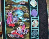Oriental Geisha Girl Asian Decor Japanese Garden Lotus blossom Teal Sashing Throw Quilt