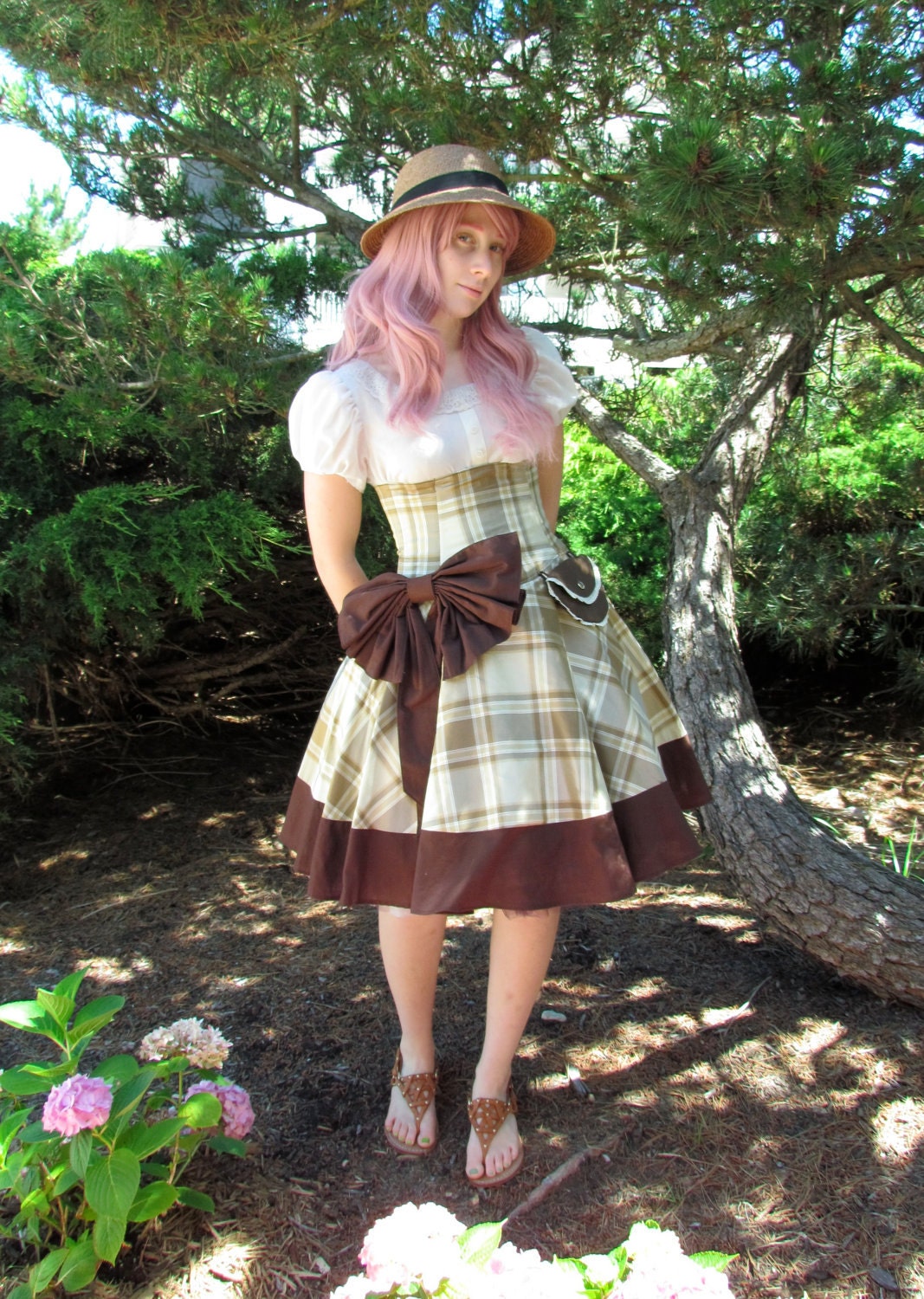Plaid Corset Dress with Circle Skirt and Accessories.