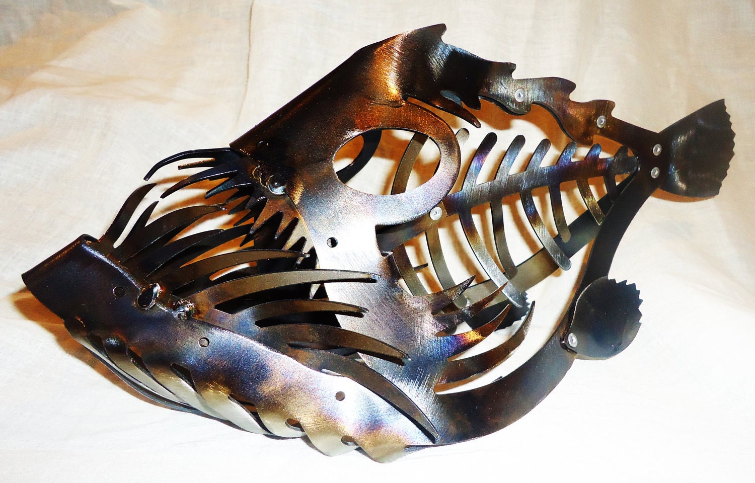 16" Angler Fish Skeleton Deep Sea Marine Metal Art Sculpture Industrial Artwork
