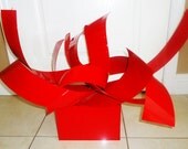 36" Red Abstract Modern Centerpiece Metal Art Sculpture Industrial Artwork w/Base