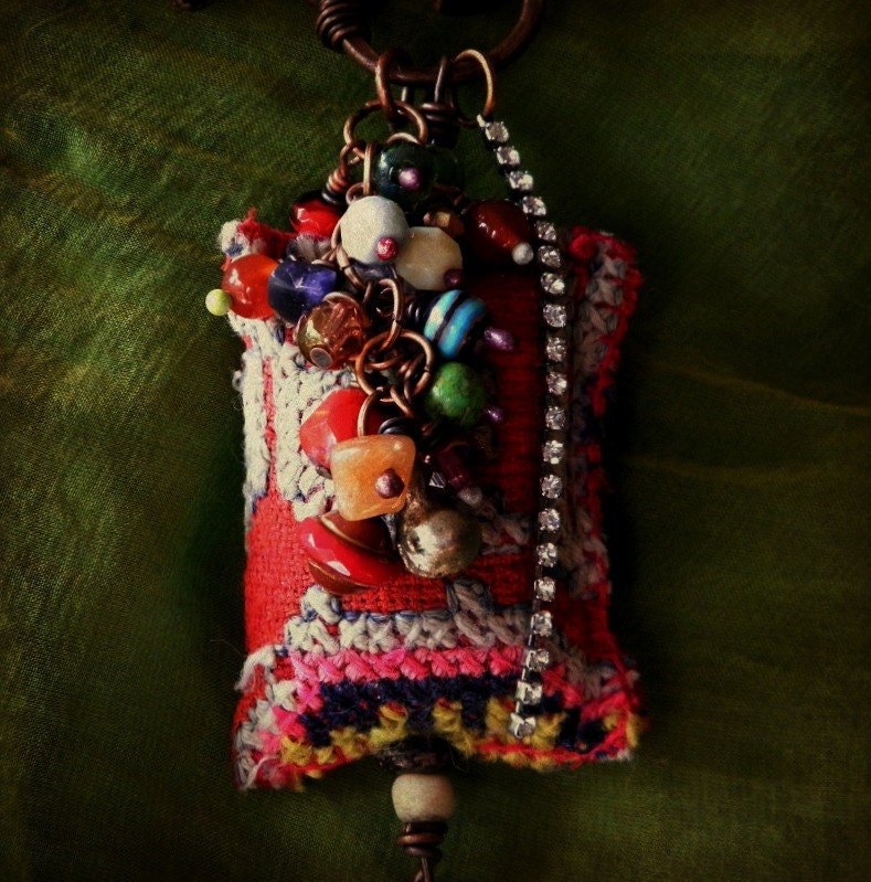 Bohemian gypsy cluster necklace - vintage textile and beads