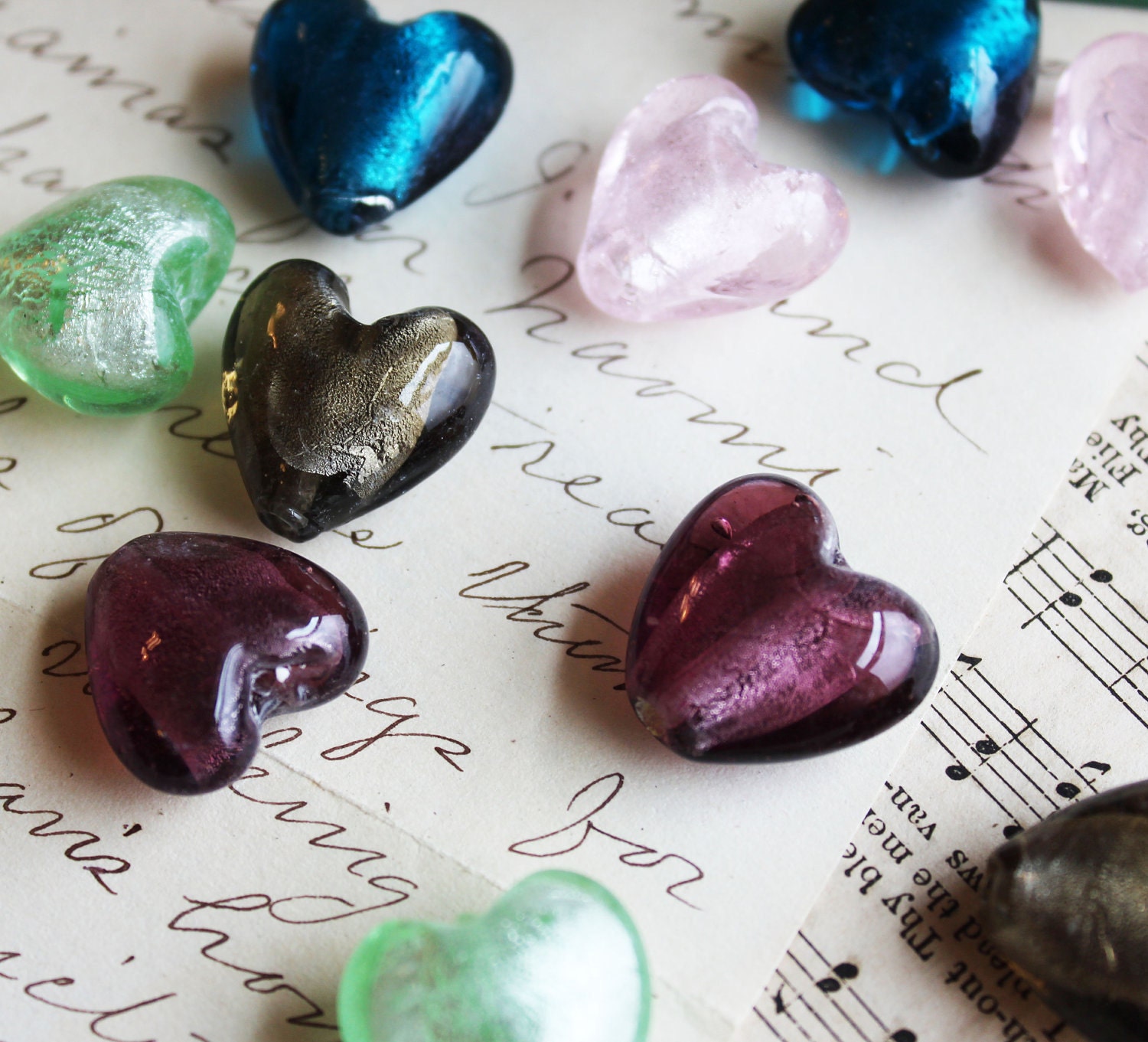 Lampwork Glass Foil Heart Beads 20x20mm Assorted 5pcs - Ships IMMEDIATELY from California - B34