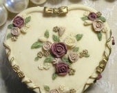 Vintage Heart Trinket Box  Mauve Cream Heart Hand Painted Roses