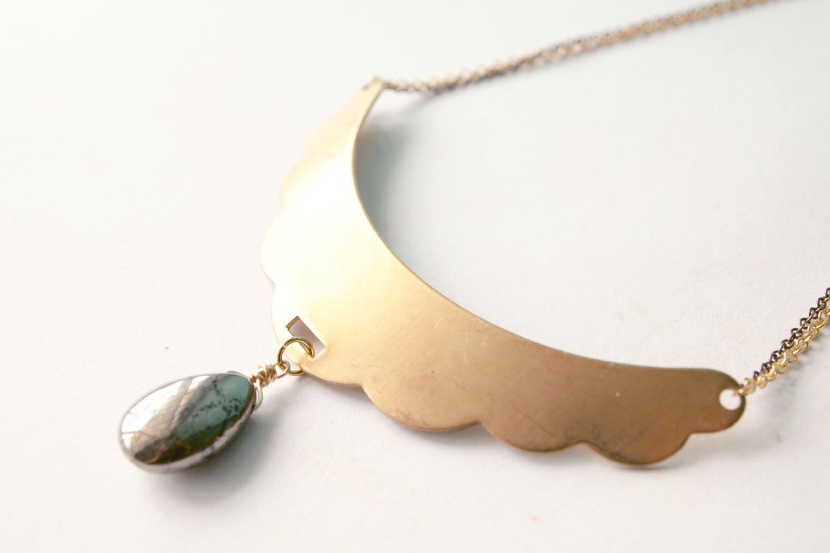 Statement Necklace : Scallop Bib Collar Necklace with Pyrite Drop, Gifts for her