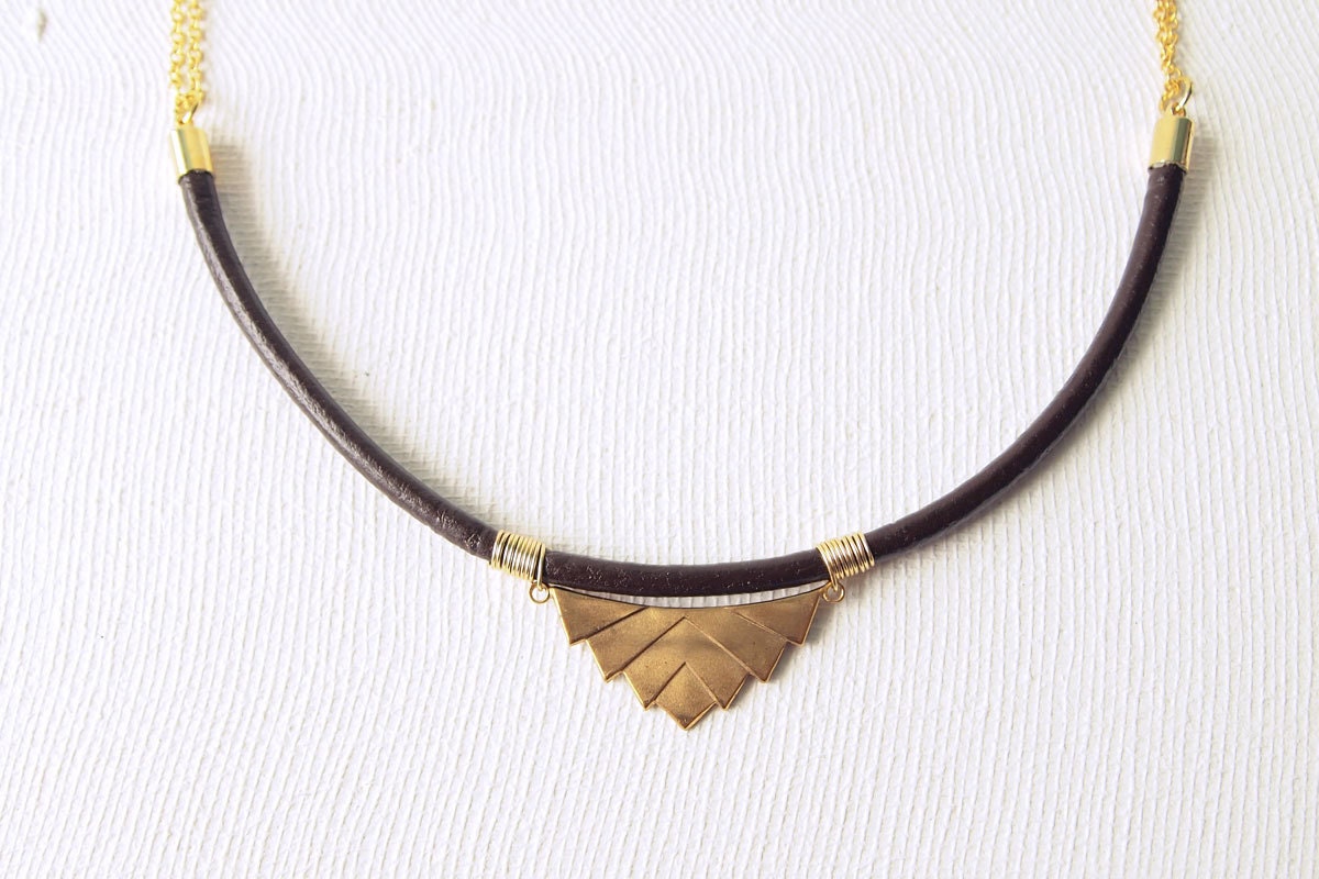 Chevron Necklace : Brass Chevron on Leather Cord Geometric Necklace