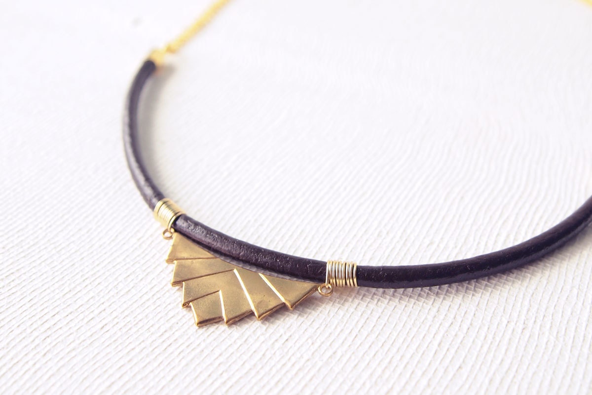 Chevron Necklace : Brass Chevron on Leather Cord Geometric Necklace