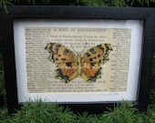 Butterfly, Home Decor, Vintage Specimen Box, Framed Original Artwork Butterly/Antique Book Page Collage Print, 5 1/2 x 7 1/2 inches