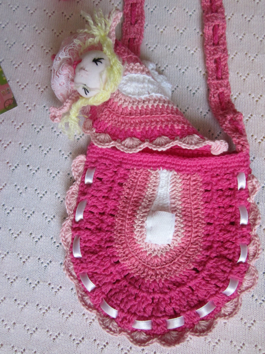 Crochet girls purse with doll clip. Hot Pink pouch with flowers and ladybug. Crochet girls handbag