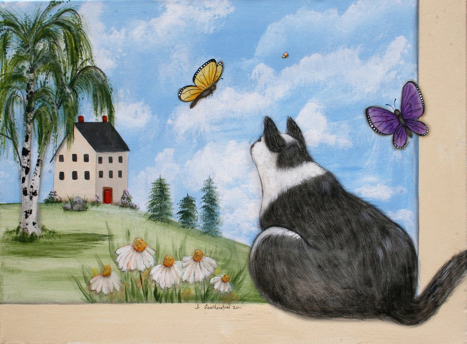 Out my Window - Original Hand Painted Tuxedo Cat Painting - Easter Spring