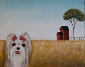 Whimsical, Original, Folk Art, Country Farm, Hand painted, Shih Tzu Dog Art Painting - Fathers Day Mothers Day