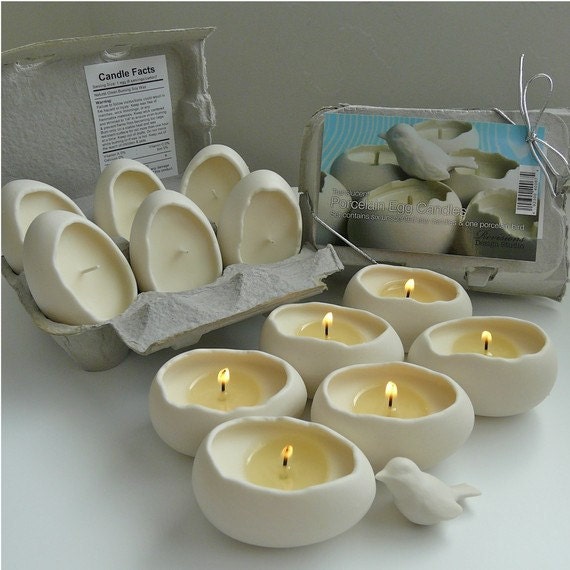 Porcelain Egg Candles, Set of 6 Soy Votives with Bird