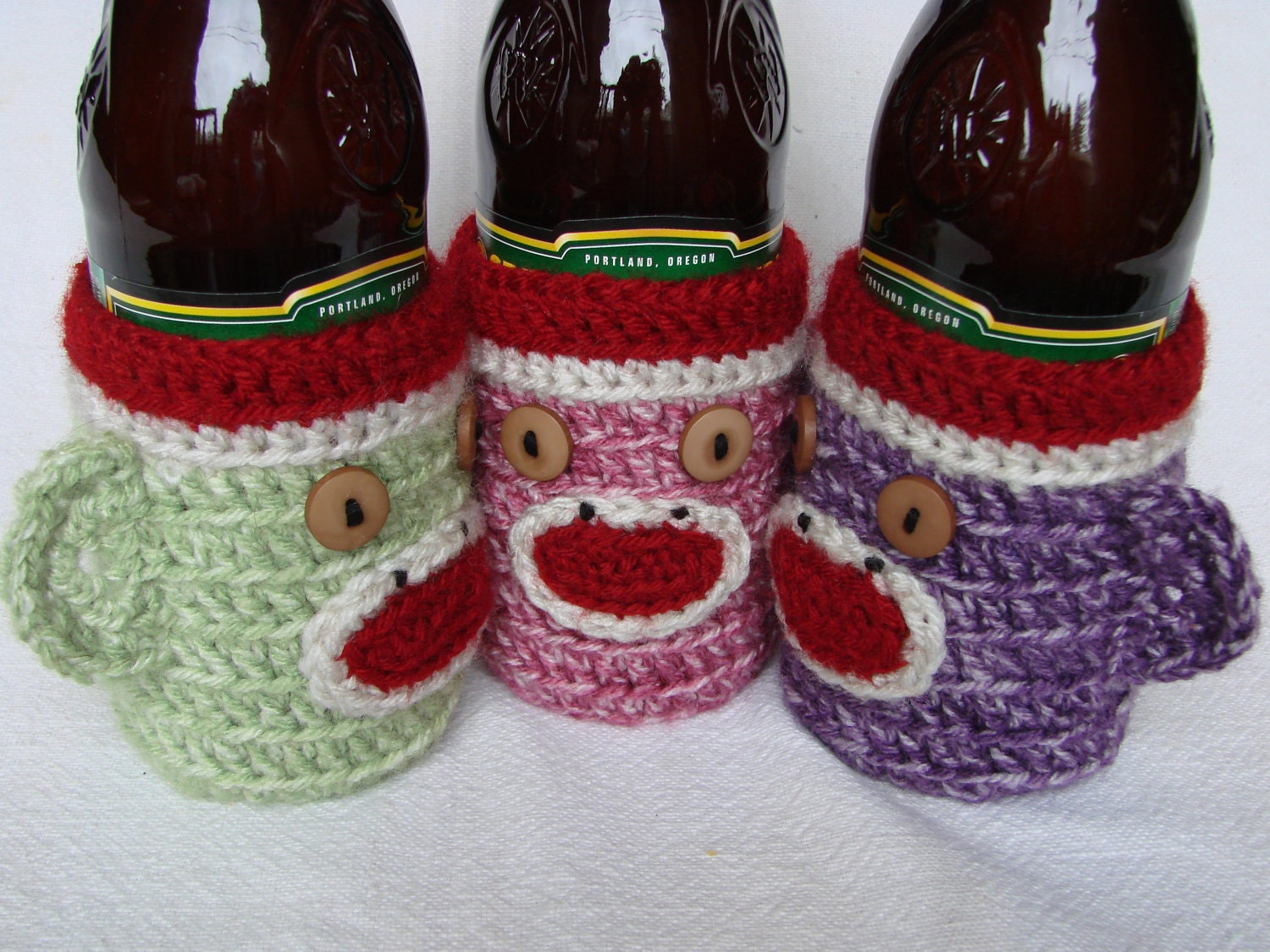 ANY THREE Sock Monkey Beer or Soda Bottle Drink Cozies (Choose Brown, Purple, Pink, Green, Blue, Orange)